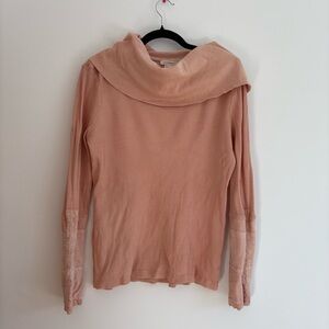 Sundance Foldover Cowl Neck Thermal Long Sleeve Top Peach Waffle Knit Boho Large